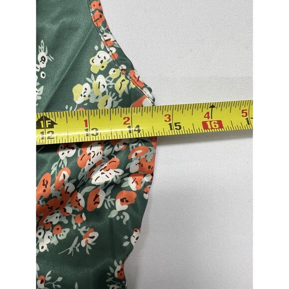 Satin Green Floral Midi Dress Size M Tie Front Cut Out Adjustable Straps Wedding - Picture 6 of 6
